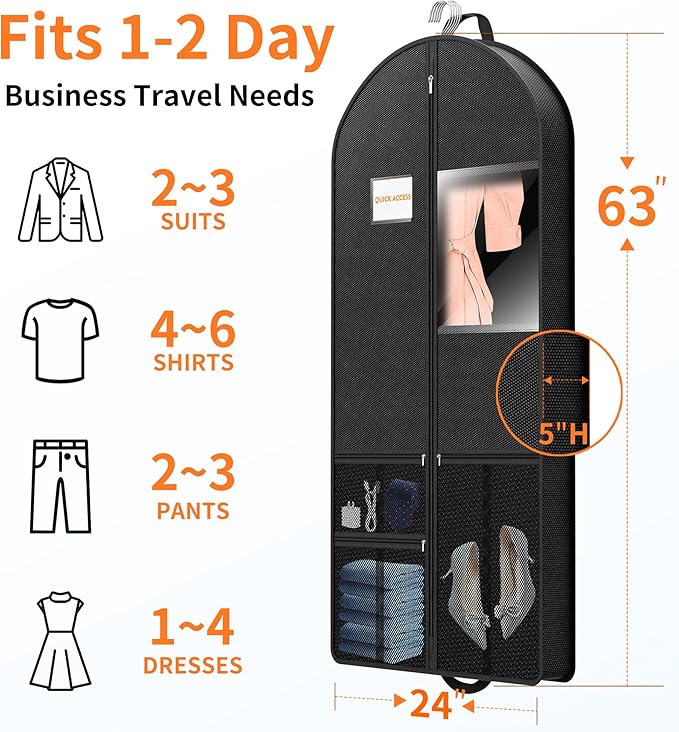 Garment Bag Travel Suit Storage: 63 Inch 2 Packs Fabric Breathable Zippered - Clothes Covers Carry Shoe Pockets Lightweight - Women Travel Wardrobe Protector Hanging Up Multiple