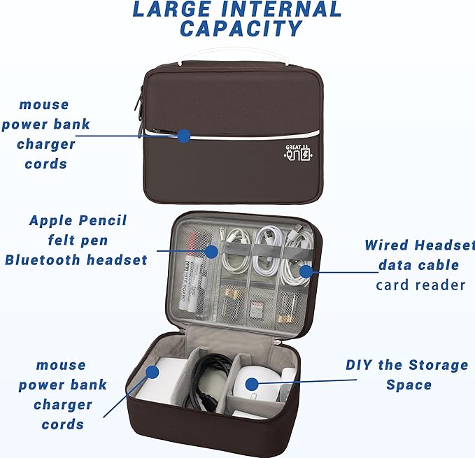 Electronics Organizer, Travel Cord Organizer Pouch, Portable Cable Organizer Bags, Waterproof Electronic Accessories Storage Case for Cables, Cords, Charger, Phone (Double Layer-Brown)