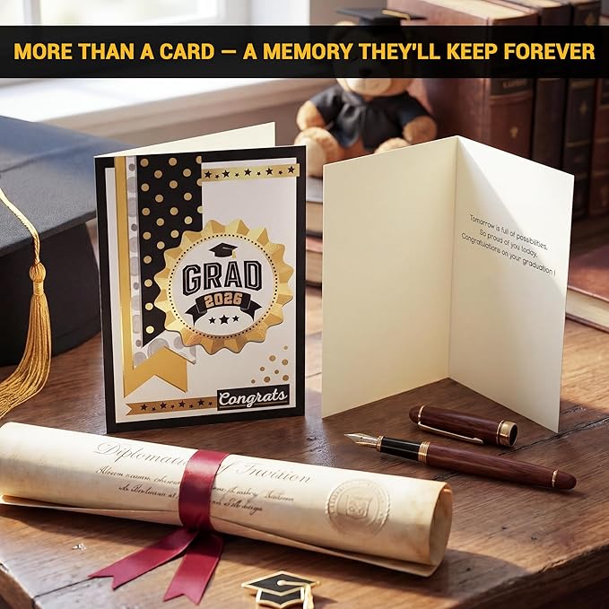 AUDREE Gold Foil Graduation Cards 2026 (5x7) - 12 Pack Grad Design with Envelopes & Stickers Bulk Assortment for College & High School, Congrats Grad Gifts Decorations for Him Her (Printed Messages)