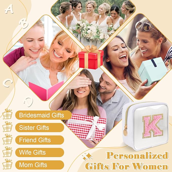 Personalized Initial Letter Clear Preppy Makeup Bag,Mini Nylon Chenille Letter Cosmetic Bag Cute Zipper Pouch Purse for Teen Girls,Portable TSA Approved Beach Travel Essentials Bag Gift for Women,K