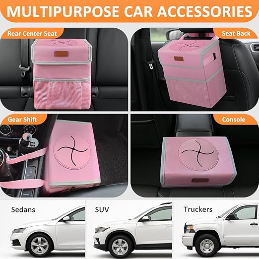 Vankor Pink Car Trash Can Cute, Pink Car Accessories for Women Waterproof Automotive Garbage Cans Leak Proof Vehicle Trash Can