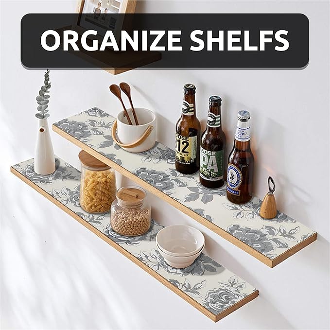 12X120 Inch Shelf Liner for Kitchen Cabinets, PVC Drawer Liner for Dresser Non-Slip Bathroom, Non-Adhesive Cabinet Liner Washable (Black Flower)(5 Roll)