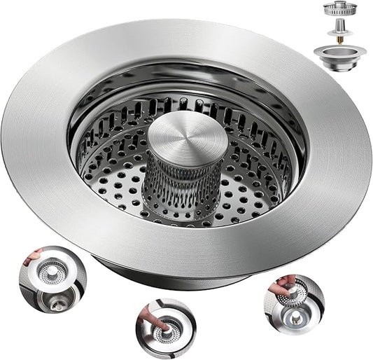 Sink Drain Strainer 3 in 1, 304 Stainless Steel Pop Up Sink Stopper, Anti-Clogging Sink Strainer, Kitchen Sink Strainer, Drain Cover and Kitchen Accessories for US Standard Sink(Silver)