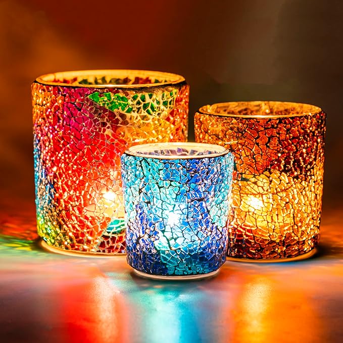 Rancco Tea Light Candle Holder Mosaic Glass Candle Jars, Handmade Romantic Tealight Holders for Make Candles and Essential Oil Diffuser, Table Centerpiece, Bath Decor, Set of 3 in 3 Size, Multicolor