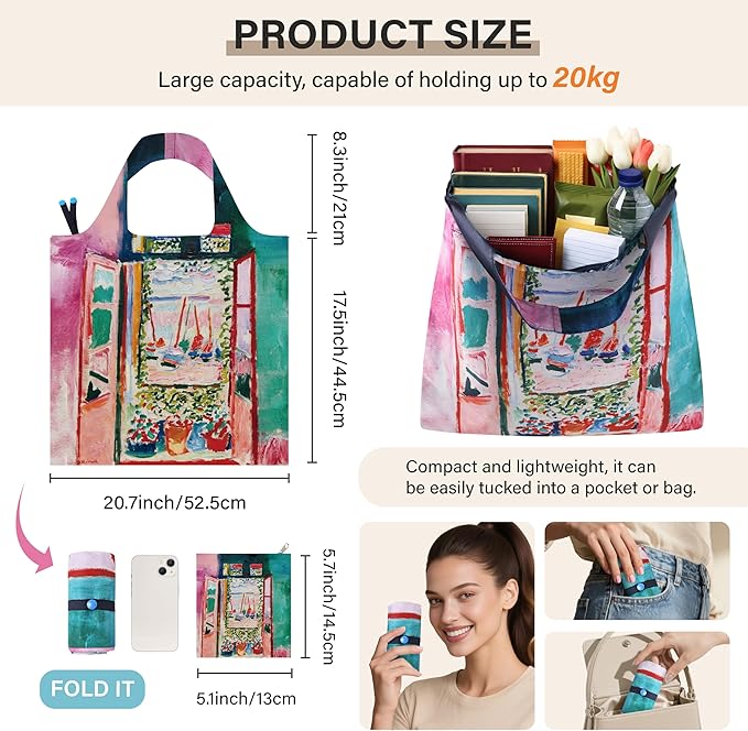 Reusable Grocery Bags, Oil Painting Art Tote Bags With Carry Pouch Waterproof Shopping Bags for Travel Daily Use