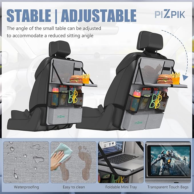 Car Backseat Organizer with Tablet Holder, 11 Storage Pockets with Foldable Food Tray, Protector Kick Mats for Kids, Travel Accessories Organizer (Gray, 2-Pack with Food Tray)