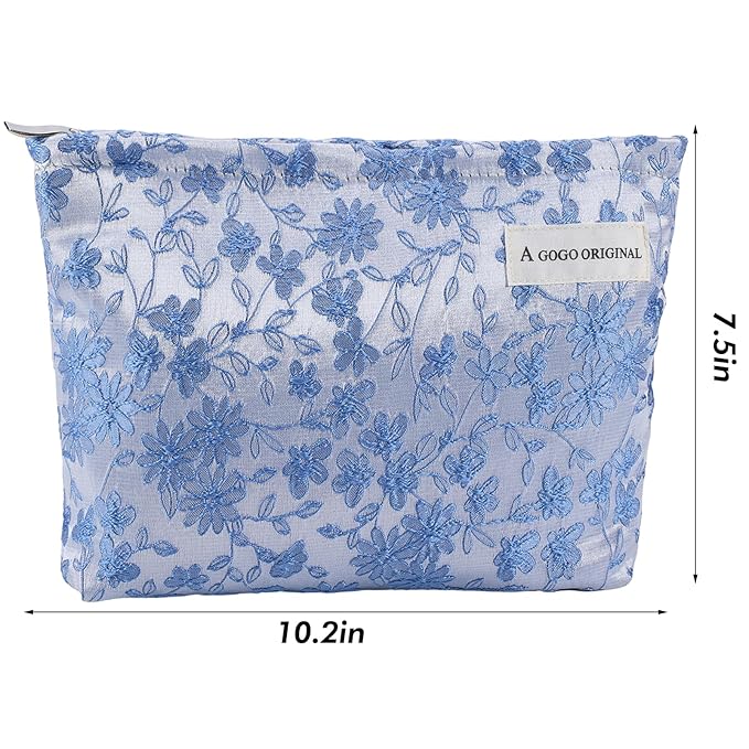 ZLFSRQ Daisy Flower Makeup Bag Travel Floral Cute Cosmetic Bags for Women Large Toiletry Pouch Zipper Cosmetic Pouch for Purse Aesthetic Embroidery Blue Makeup Organizer Bag Portable Toiletry Bags