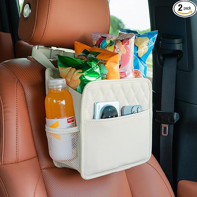 2Pack Car Seat Back Hanging Bag Car Document Holder Multi-Pocket Bottle Bag Storage Box Organizer Travel Tidy Pouch Pocket Kids Beige
