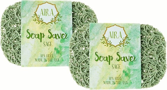 Aira Soap Saver - Dish & Holder Accessory - BPA Free Shower & Bath Holder - Drains Water, Circulates Air, Extends Life - Easy to Clean, Fits All Dish Sets - Sage Double Pack