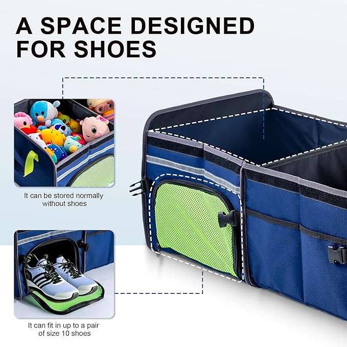 Bold Color Block Trunk Organizer | 95L, 35"x13.8"x11.8" | Dedicated Shoe Storage & 26L Ice Pack | Foldable for SUV/Car/Jeep | Car Accessories for Men & Women - Blue-X212