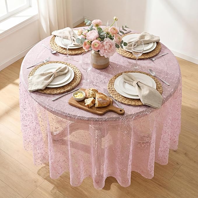 Horaldaily Pink Gold Gauze Tablecloth 60x60 Inch Round, Pink Sequin Glitter Metallic Foil, Sheer Tulle Cheesecloth for Wedding Baby Shower Ceremony Birthday