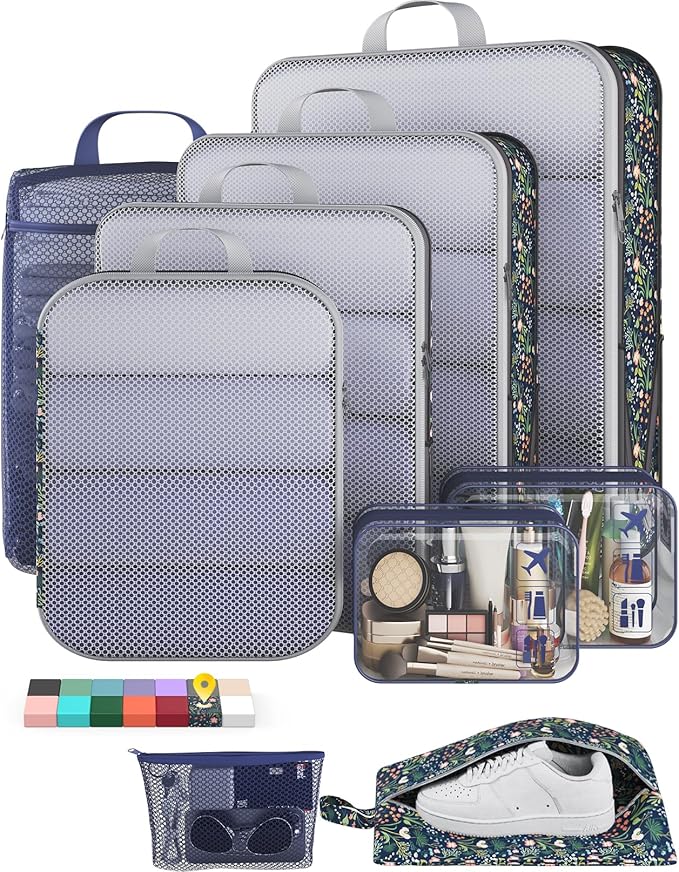Veken 9/11 Set Compression Packing Cubes for Travel Essentials, Compressible Expandable Large Luggage Suitcase Organizer Bags for Clothing, Durable Space Saver Storage Bags (Dark Blue Floral)