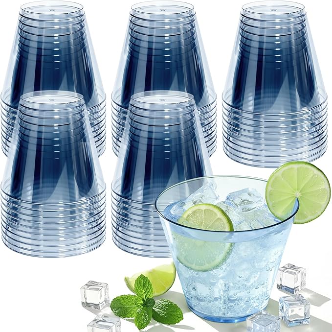 9 oz Clear Plastic Cups Blue Plastic Disposable Cups for Cocktail 150 Pack Fancy Cocktail Cup for Party Stemless Wine Glasses for Party Wedding Graduation Birthday