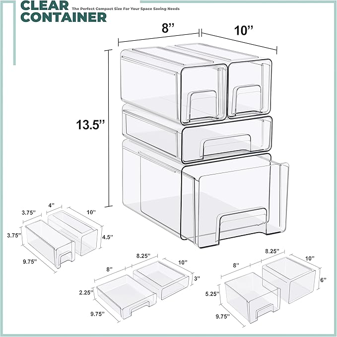Sorbus Clear Stackable Storage Drawers, 4-Piece Set – 1 Large, 1 Medium & 2 Small Pull-Out Plastic Organizer Bins with Handles for Bathroom, Closet, Pantry, Cabinet & Medicine Storage