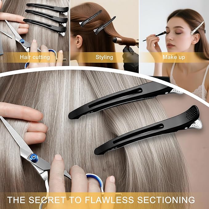 12 PCS Duckbill Hair Clips for Sectioning - 4.3” Professional Non-Slip Hair Clamps with Silicone Band, Gentle No-Mark Hold for Thick Hair, Styling & Coloring