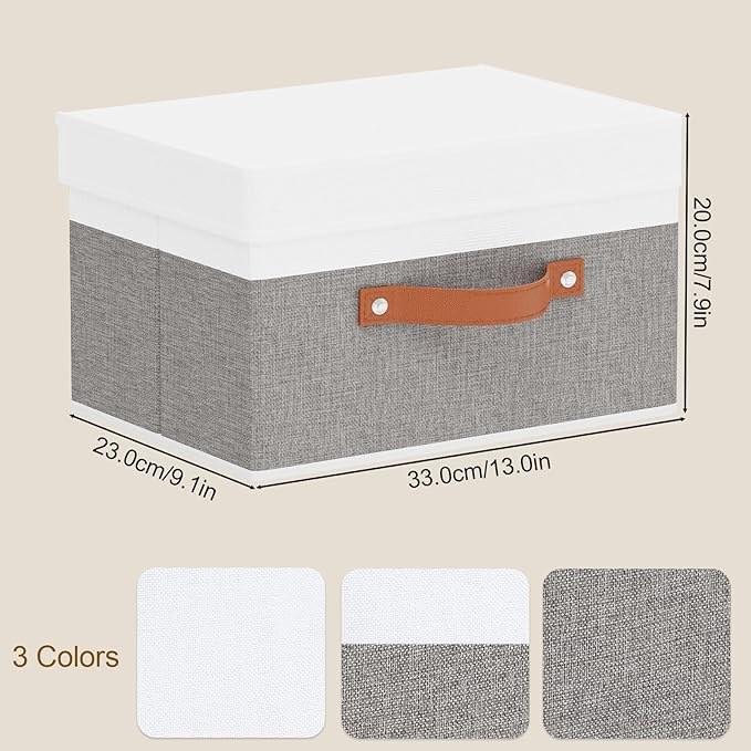 YheenLf Fabric Storage Bin, Storage Basket with Lids, Closet Organizer Box with Handles for Shoes Books Towels, White and Grey, 1 Pack, 13 x 9.1 x 7.9 Inch