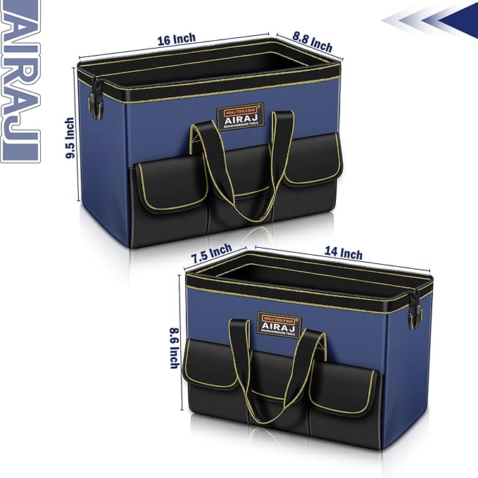 Tool Bag 2-Pack Set | AIRAJ 14" & 16" Portable Tool Bag | Wide Mouth Tool Bags for Men and Women | Small Tool Tote | Tool Organizer for Home Repairs,Garage Storage,Professional Work | Tool Box