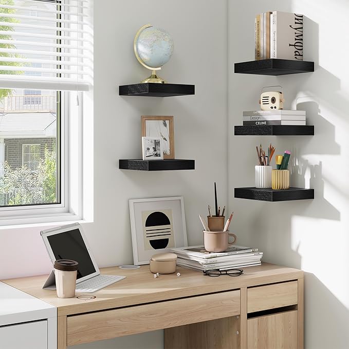 fuqing Floating Shelves for Wall, Wall Mounted Wood Floating Shelf with Invisible Brackets for Living Room, Bathroom, Bedroom, Kitchen Storage and Decor, 6.5 Inch Set of 3, Black