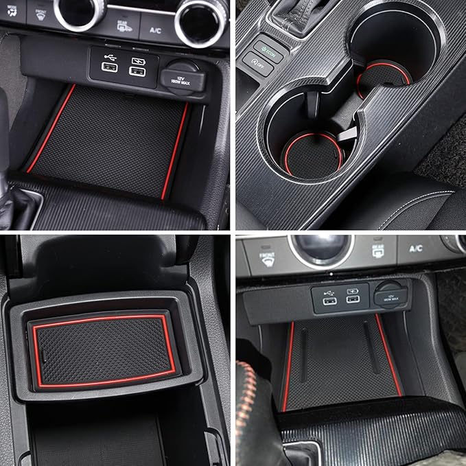 Center Console Liner for Honda Civic 11th Gen Sedan Accessories 2022-2024 2025 2026, Cup Holder Mat, Coaster Trim, Door Slot Pad, Non-Slip Interior, Custom Rubber Decoration Insert (16pcs, Red)