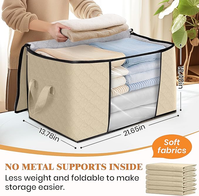 Fab totes 10 Pack Clothes Storage, Foldable Thick Fabric Blanket Storage Bags, Containers for Organizing Bedroom, Closet, Clothing, Comforter, Organization with Handle,Beige