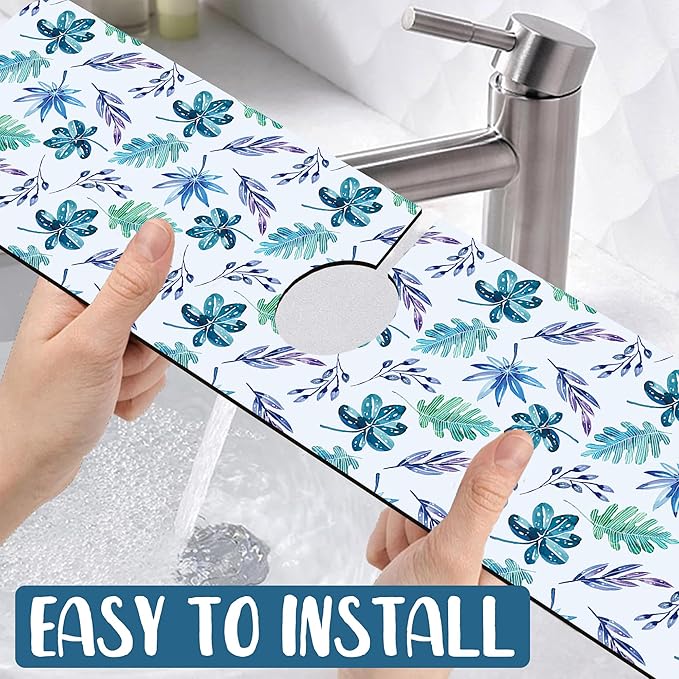 Watercolor Leaves Kitchen Sink Splash Guard Faucet Mat Tropical Leaves Super Absorbent Fast Drying Mat Sink Splash Guard Behind Faucet for Kitchen Bathroom, 23.5"x5.5"