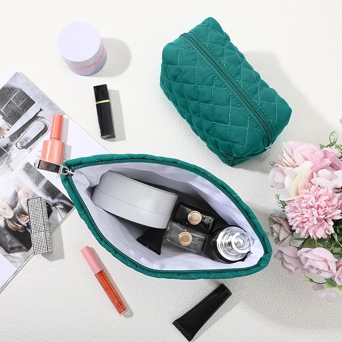 2 Pcs Pencil Case Quilted Makeup Bag Aesthetic Cosmetic Pouch for Women Puffer Travel Toiletry Bag Set Cotton Small Purse Pouch Makeup Organizer with Zipper(Green)