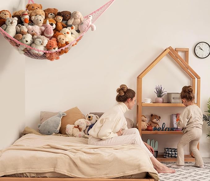 Stuffed Animal Storage Hammock Net Corner - Large Toy Hammock Net for Stuffed Animals Room Decor - Cute Stuff Animal Organizer Holder for Plush Plushie - Kids Baby Nursery Wall Bedroom Home Decor