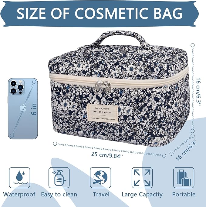 Large Makeup Bag, Cute Cosmetic Bag for Women Girls, Floral Coquette Aesthetic Toiletry Bag, Travel Make Up Organizer Bag (Black Rose Flower)