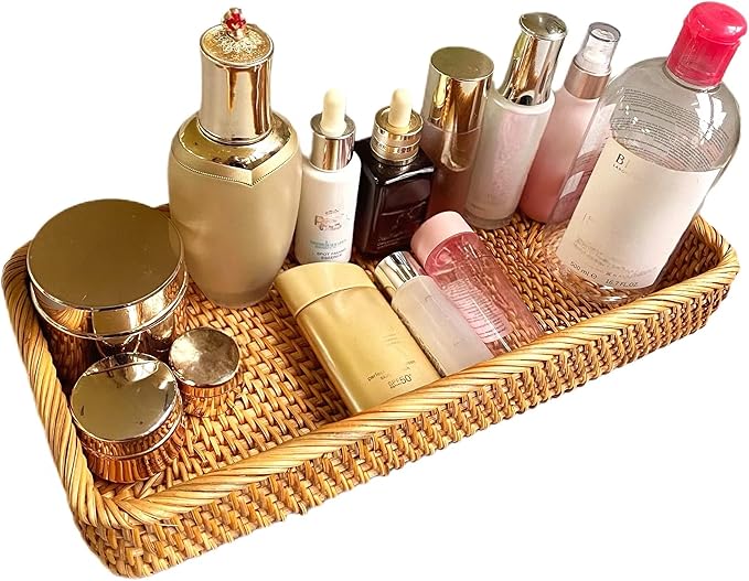 i-lan 14-Inch Rattan Bathroom Tray Organizer – Long Narrow Wicker Basket for Toilet Tank, Hand Towel Storage & Countertop, Boho Serving Tray for Bread, Vanity or Home Decor