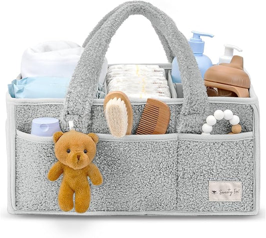 Sweety Fox Baby Diaper Caddy Organizer with Handle - Portable Sherpa Nursery Basket - Car Diaper Organizer, Cleaning Caddy, Gift for Baby Shower - Grey
