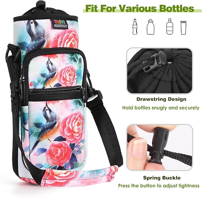 Nuovoware Water Bottle Carrier Bag,25oz/40oz/64oz Bottle Pouch Holder,Adjustable Shoulder Hand Strap 2 Pocket Sling Neoprene Sleeve Sports Accessories for Hiking Travelling Camping