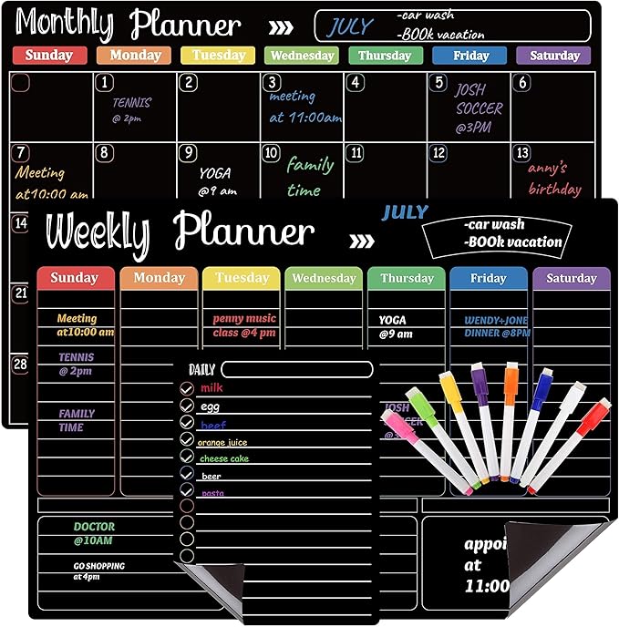 Hivillexun Magnetic Black Dry Erase Calendar White Board Set (3-Pack) - Monthly, Weekly Planners & Daily Notepad for Fridge, Home & Office, Includes 8 Markers