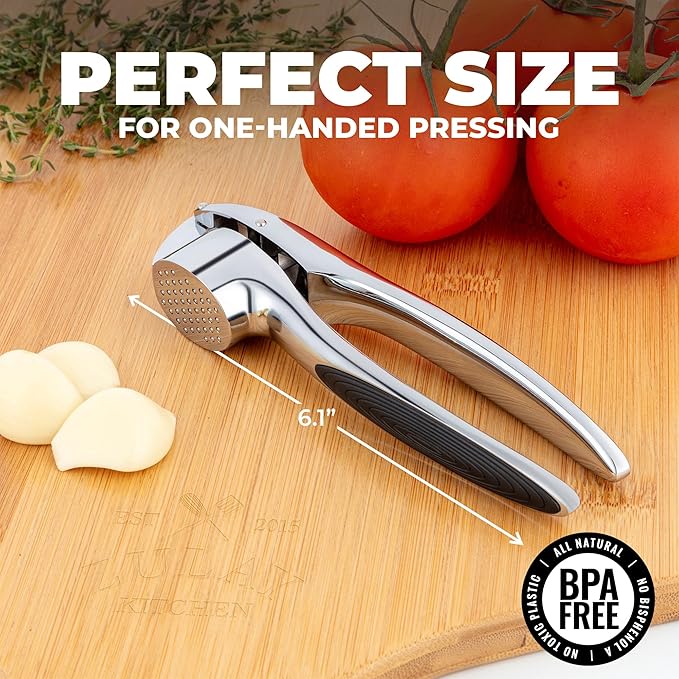Zulay Kitchen Premium Garlic Press Set – Rust Proof & Dishwasher Safe Garlic Mincer Tool with Silicone Garlic Peeler & Brush, Easy Squeeze & Clean, Ergonomic Soft Grip Handle - Medium – Chrome