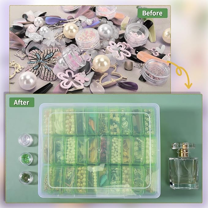 Cosics Bead Storage Containers, Clear Plastic Bead Organizer Case with Hinged Lid and Labels, Mini Craft Storage Box for Small Projects, Jewelry Kit, DIY Craft Supply, Stickers, False Nails, Green