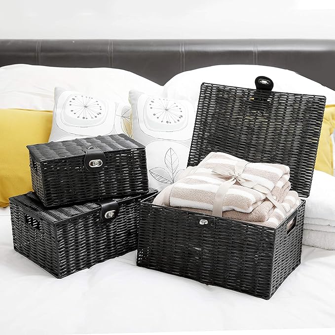 Honygebia Black Wicker Storage Baskets - Set of 3 Decorative Nesting Boxes with Lids, Woven Basket with Lock & Handle, Organizer for Beauty Makeup Bathroom Decor