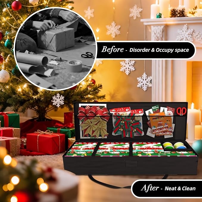 Safana 2 Pack Wrapping Paper Organizer Storage Bag, 42" Durable 600d Oxford Christmas Gift Wrapping Organizer Box Under Bed Containers for Decorations Paper Rolls, Ribbons, Bows (Golden Deer)