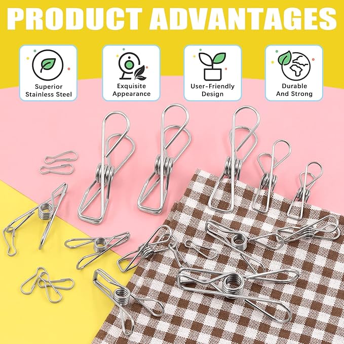 145 Pcs Multi-Purpose Stainless Steel Clothes Pins with Spring Lanyard Hook, 4/6/8 CM Windproof Metal Wire Utility Clips Clothespin, Bag Clips, Heavy Duty Tightly Seals Chip for Home Office