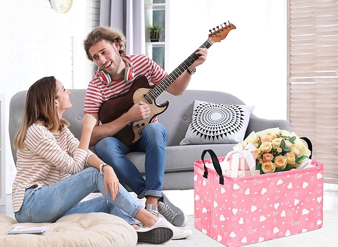 KUNRO Rectang Heart Pattern Vantine's Storage Basket Gift Shelf Basket Storage Bin, Nursery Basket Organizer Box for With Handles for Room Deco