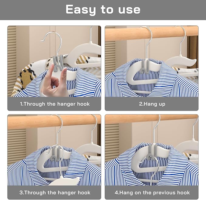 Tinfol Gray 60pc Hanger Connector Hooks and 20pc Hanger Clips, Stackable Space Saving Hook - Hangers Finger Clips, Hanger Organizer Accessories for Closet Organizers