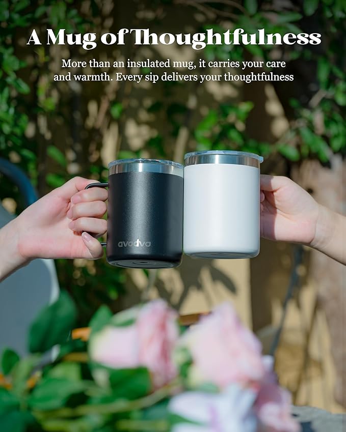 12oz Insulated Coffee Mug with Lid – Includes Two Lids, Stainless Steel Coffee Travel Mug with Handle, Double Wall Vacuum Insulated Camping Mug for Home, Office & Outdoor, Black