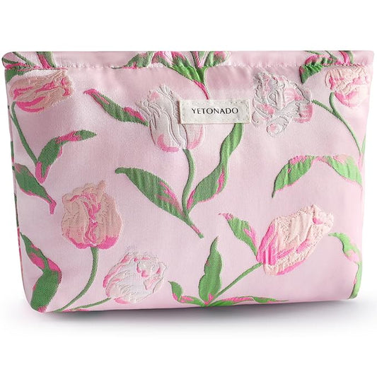 ZLFSRQ Tulip Makeup Bag for Women Floral Cosmetic Bag Pink Zipper Cosmetic Pouch for Purse Large Capacity Quilted Canvas Flower Makeup Bags Cute Aesthetic Travel Toiletry Bags Gift Skincare Organizer