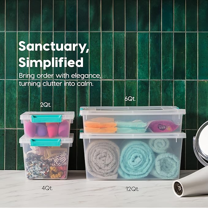 IRIS USA 6 Qt. Craft Storage Bins with Lids, 3-Pack, Made in USA, Clip Box, Small Plastic Sensory Bin Tote Organizer Containers for Art Supplies, Paper, & Office, Stackable - Clear/Seafoam Blue