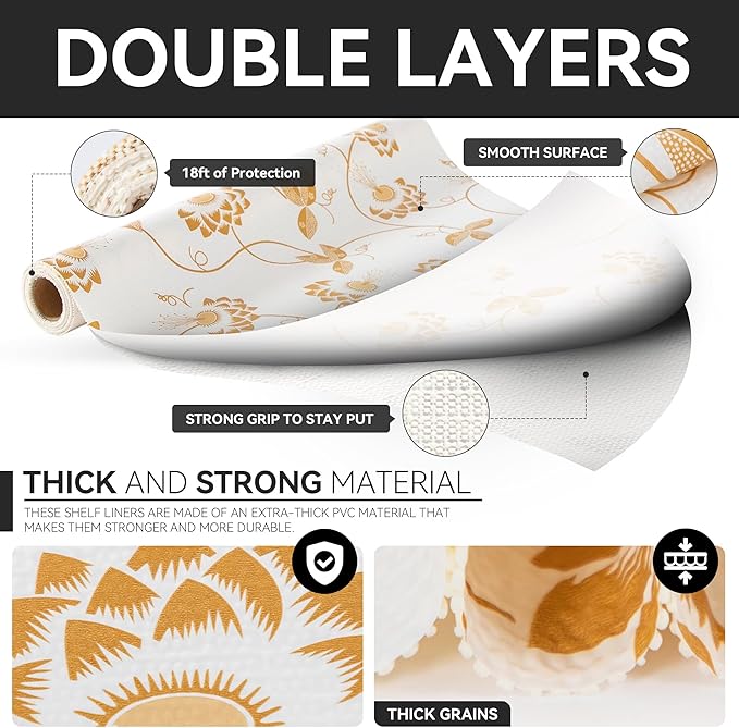 RAY STAR Shelf Liner, Non Adhesive Golden Leaves Floral Kitchen Cabinet Liner for Pantry Drawer Vanity, Strong Grip Non Slip, Shelf Liners for Kitchen Cabinets Cupboard 18 Inch x 8 FT (3 Rolls)
