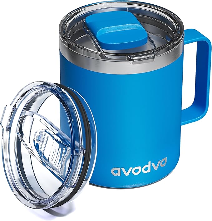 12oz Insulated Coffee Mug with Lid – Includes Two Lids, Stainless Steel Coffee Travel Mug with Handle, Double Wall Vacuum Insulated Camping Mug for Home, Office & Outdoor, Sapphire Blue