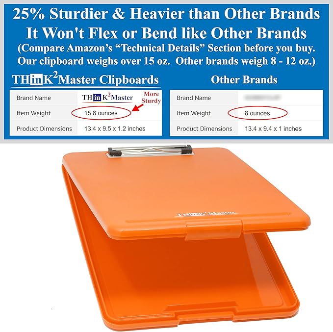 Think2Master [3 Pack] Orange Plastic Storage Clipboard. | 25% Heavier & Sturdier| Heavy Duty and Won’t Flex Like Other Brands (Compare The Weight). Storage Compartment Holds 150 Letter Sized Paper.