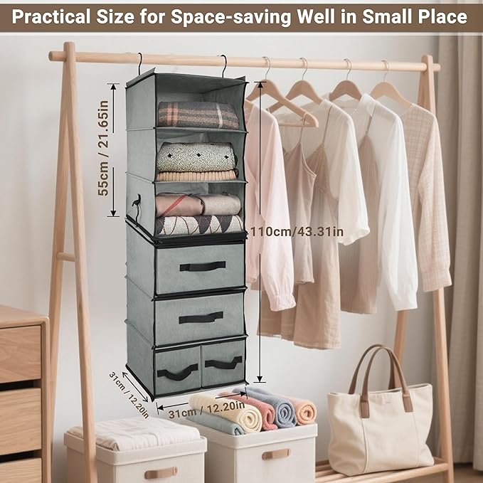 2-in-1 Durable 6-Tier Hanging Closet Organizer with 4 Removable Drawers,2 Separable 3-Tier Thickened Fabric Hanging Shelf Clothes Storage Organization Space-saving for Bedroom,Dorm,Guestroom,RV,Travel