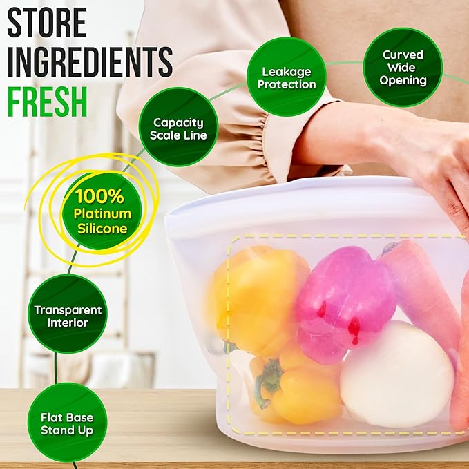Premium Platinum Silicone Reusable Food Storage Bag 6.3 Cup (53 fl oz), Airtight Zip Lock Bags for Food, BPA-Free Silicone Freezer Bags, Microwave Safe Sous Vide Container, White
