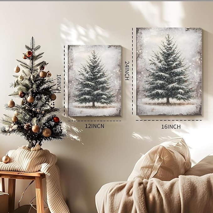 Vintage Christmas Wall Art Framed - Pine Tree Pictures Wall Decor, Winter Navidad Painting Decorations for Home Indoor, Rustic Christmas Canvas Prints, Nostalgic Navidad Decorations 16x124 Inch