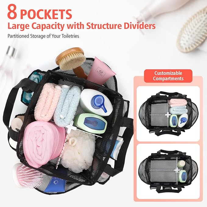 F-color Mesh Shower Caddy Portable with Dividers - Upgraded Deeper 7 Pockets Dorm Room Essentials with S Hook, Shower Bag Basket Tote for Guys Girls College Camping Toiletry Bathroom, Black