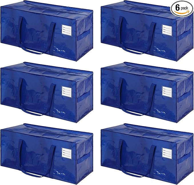6 Pack Heavy Duty Extra Large Moving Bags with Handles, Waterproof Foldable Storage Totes, Clothing Storage Bags, Packing Moving Boxes for College Supplies & Seasonal Storage, Blue